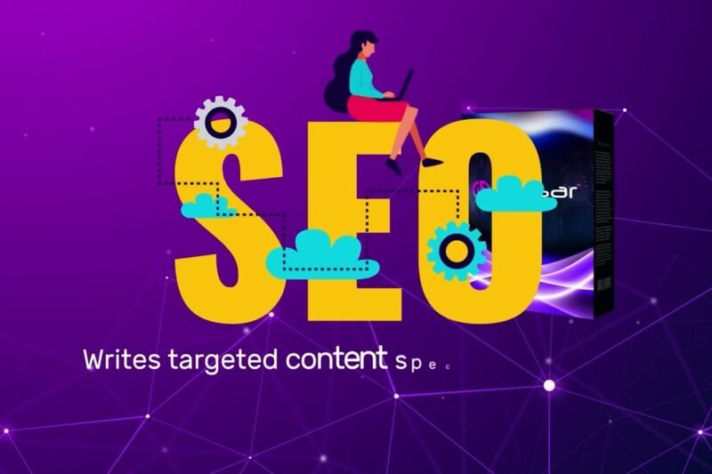 Young woman with a laptop next to the word SEO, representing AI SEO success with Pulsar