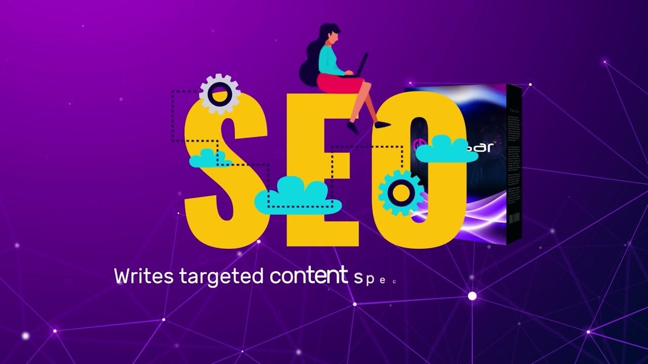 Young woman with a laptop next to the word SEO, representing AI SEO success with Pulsar