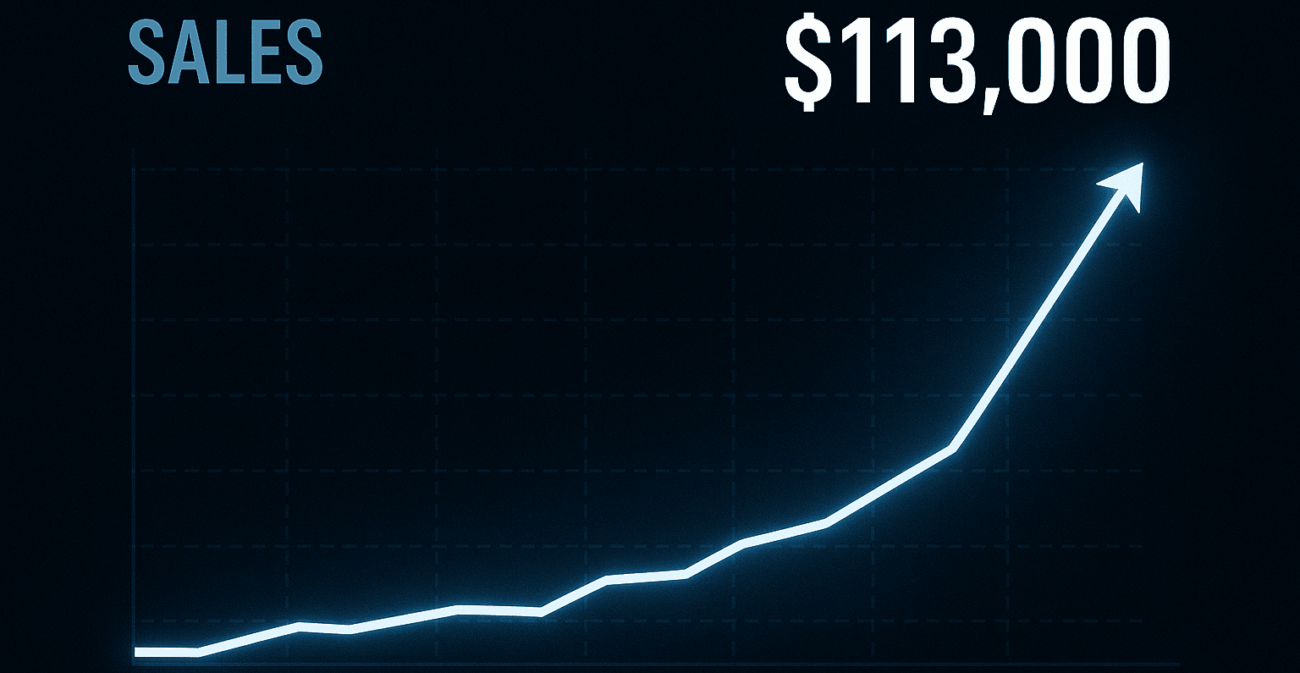 Sales growth chart showing exponential increase to $113,000 in revenue from Black Box Profits Custom GPT system