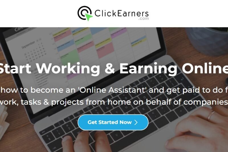 ClickEarners online jobs homepage showing how to start working and earning online as a virtual assistant or freelancer