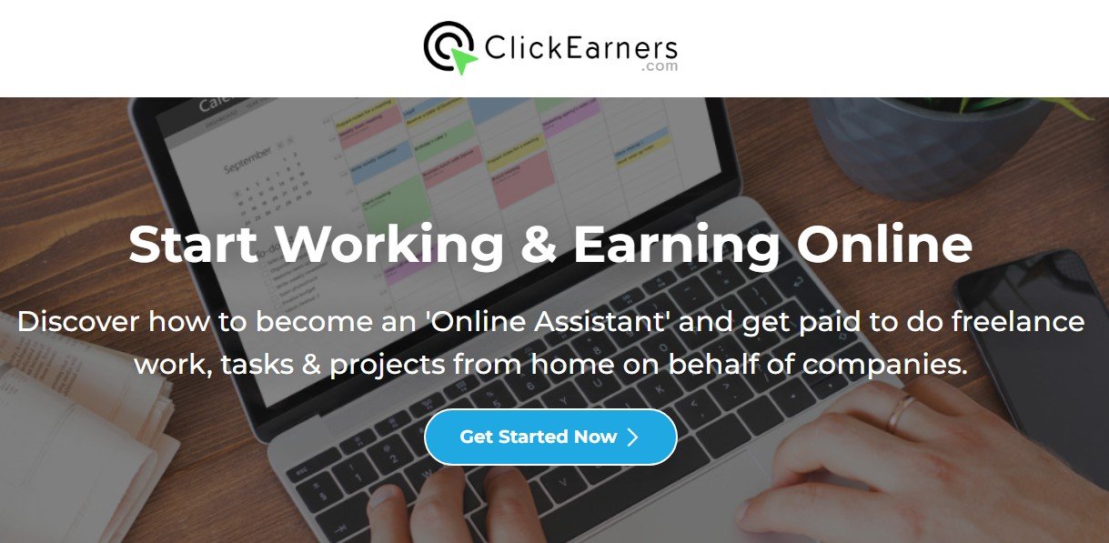 ClickEarners online jobs homepage showing how to start working and earning online as a virtual assistant or freelancer